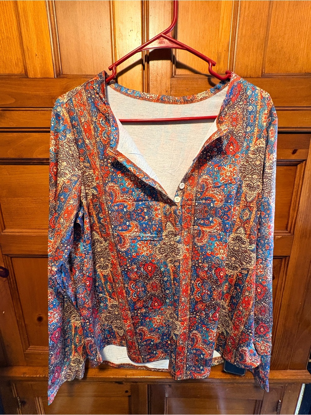 Paisley Button-Neck Blouse - Red & Blue